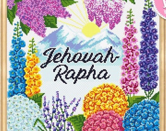 Christelijk kruissteekpatroon PDF-download Bloemen kruissteekkaart, Bijbelcitaten Jehovah Rapha-patroon digitaal, bloementuin #X7