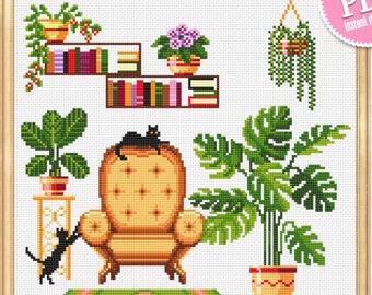Plant cross stitch pattern download PDF Monstera cross stitch, Potted plants pattern digital PDF, Floral cross stitch, Home sweet home #P25