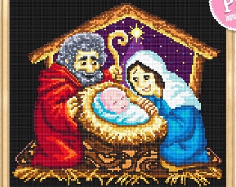 Nativity scene cross stitch pattern download PDF Religious Christmas cross stitch, O Holy night pattern digital, Holy family embroidery #X1