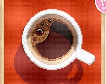 Patrón de punto de cruz de café en PDF para descargar. Gráfico de punto de cruz de cocina, Bordado para principiantes en taza de café pequeña en PDF, Decoración divertida para el hogar con café #F15