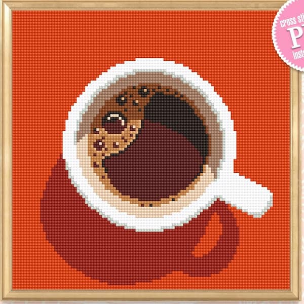 Download do padrão de ponto cruz de café em PDF, gráfico de ponto cruz para cozinha, xícara de café pequena para iniciantes em bordado em PDF, decoração divertida de casa com tema de café #F15