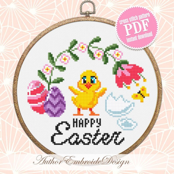 Joyeuses Pâques grille point de croix PDF Petit poussin de Pâques, modèle de Pâques numérique PDF, oeufs de pâques, fleurs de printemps #T37