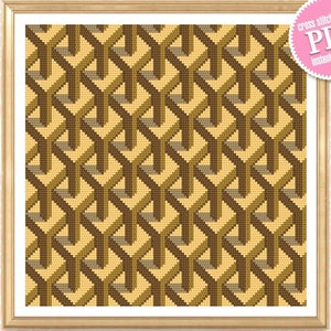May include: Framed cross-stitch pattern featuring a geometric design in shades of brown and tan. The pattern creates a 3D effect with interlocking shapes. The text "cross stitch pattern PDF instant download" is visible.