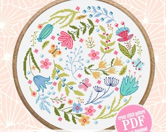Folk flowers cross stitch pattern PDF download Scandinavian folk cross stitch chart, Floral pattern digital PDF, Cute Flower embroidery #P41