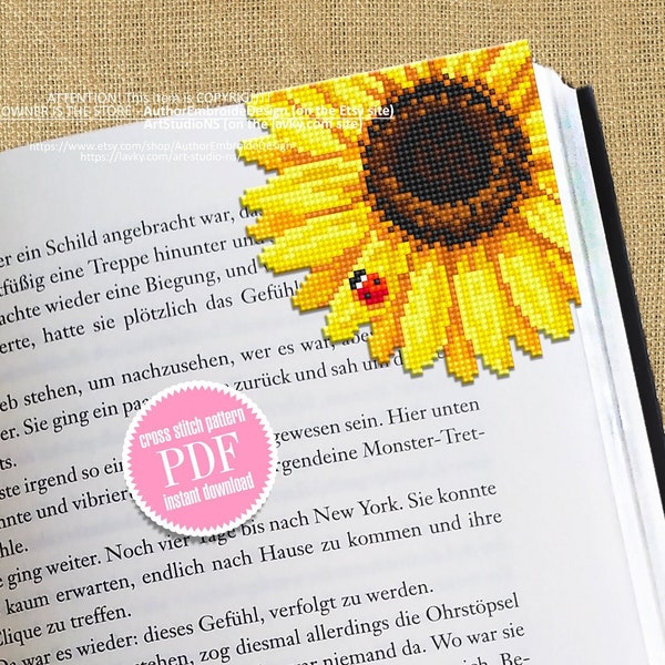 Corner bookmark cross stitch pattern PDF download Sunflower cross stitch chart, Floral bookmark pattern digital PDF Bookmark for women #B252