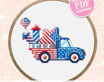 Patriotic retro truck cross stitch pattern PDF download Independence Day cross stitch 4th of july truck American flag Stars and stripes #T34