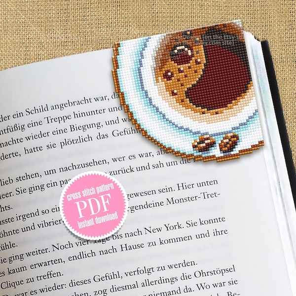 Corner bookmark cross stitch pattern PDF download Cup of Coffee cross stitch chart, Coffee bookmark digital PDF, Coffee lover gift #B247