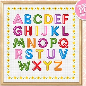Alphabet letters cross stitch pattern download PDF Colorful font cross stitch chart Alphabet pattern digital PDF DIY kids room decor #A1