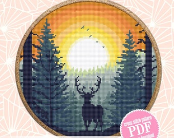 Nature landscape cross stitch pattern PDF download Deer in forest cross stitch chart, Forest sunset pattern digital PDF Deer silhouette #L75