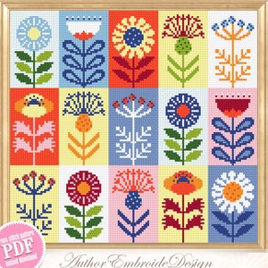 PDF-download met volksbloemen kruissteekpatroon Scandinavische bloemenvoorbeeld, patchwork-kruissteekkaart, digitale pdf met bloemmotief #P44