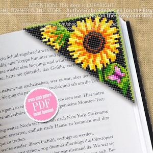 Corner bookmark sunflower cross stitch pattern PDF download Flower cross stitch chart, Floral bookmark corner, Sunflower pattern #B195