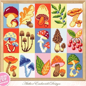 May include: A cross stitch pattern featuring a colourful grid of 12 different mushroom designs. The mushrooms are in various colours, including red, orange, yellow, brown, and blue. The pattern is framed in a gold frame and includes the text "Author Embroide Design".