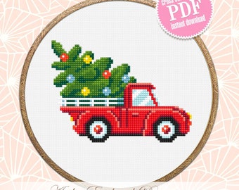 Christmas red truck cross stitch pattern PDF download Small Christmas cross stitch chart, Christmas digital pattern PDF for beginner #N142