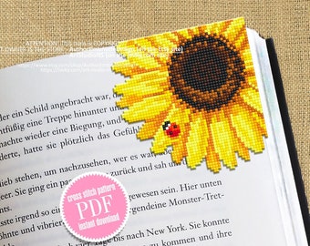 Corner bookmark cross stitch pattern PDF download Sunflower cross stitch chart, Floral bookmark pattern digital PDF Bookmark for women #B252