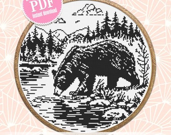 Grizzly bear cross stitch pattern PDF download Bear silhouette cross stitch chart, Monochrome nature pattern digital, Forest landscape #L79