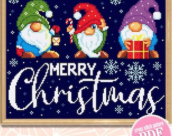 Christmas gnomes cross stitch pattern PDF download, Merry Christmas cross stitch chart Winter gnome pattern digital PDF Gnome ornament #N125
