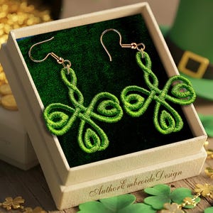 FSL Shamrock Earrings, St Patricks day machine embroidery design download, Free Standing Lace digital embroidery files, Clover pendant #FS39