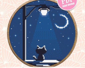 Black cat silhouette cross stitch pattern PDF download Cute kitten cross stitch chart, Funny cat pattern digital PDF, Cat lover gift #K44