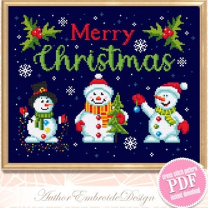 Christmas snowmen cross stitch pattern PDF download, Merry Christmas cross stitch chart, Christmas pattern digital PDF, Cute snowman #N126
