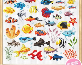 Aquarium fish cross stitch pattern PDF download Fishes sampler cross stitch, Tropical fish pattern digital PDF, Fish needlepoint canvas #K36