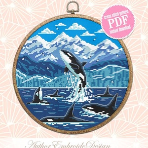 Glacier Bay National Park cross stitch pattern PDF download Killer whale cross stitch chart, Orcas in Alaska, Splashing orca whale art #L71