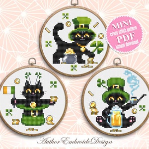 St Patrick day cat cross stitch pattern PDF download Cat holiday cards cross stitch chart, Black cat pattern digital PDF Cat lover gift #T40