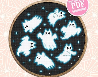 ゴースト猫のクロスステッチ パターン PDF ダウンロード 面白い猫のゴースト クロスステッチ チャート、ハロウィーンの刺繍装飾、猫好きのためのハロウィーン猫 #H66
