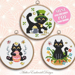 Ensemble de motifs de point de croix chat noir à télécharger en PDF Grille de point de croix cartes de vœux chat, modèle petit chat numérique PDF, cadeau pour amoureux des chats #T39