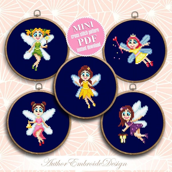 Funny fairies cross stitch pattern PDF download Small cross stitch chart, Set of 5 mini butterfly fairy cross stitch, Fantasy embroidery #O8