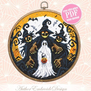 Scary Halloween cross stitch pattern PDF download Spooky ghost cross stitch chart Happy Halloween night, Halloween witch embroidery PDF #H61