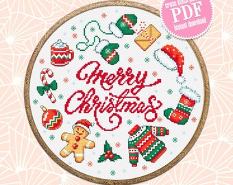 Merry Christmas sampler cross stitch pattern PDF download Simple Christmas pattern digital PDF, Christmas cross stitch chart, Noel #N107