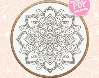 Flower mandala cross stitch pattern PDF download Mandala ornament cross stitch chart, Floral mandala pattern digital PDF, Home decor #M231