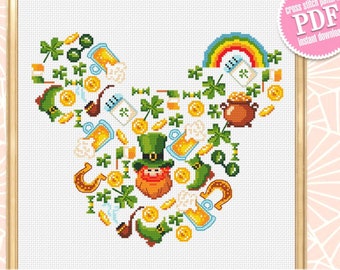 Sampler St Patrick Day cross stitch pattern download PDF Mouse Silhouette cross stitch, Irish pattern digital PDF, Saint Patrick design #T25