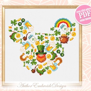 Sampler St Patrick Day cross stitch pattern download PDF Mouse Silhouette cross stitch, Irish pattern digital PDF, Saint Patrick design #T25