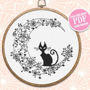 Cat blackwork pattern PDF Crescent moon Backstitch chart, Funny Black cat cross stitch, Flower moon blackwork embroidery download PDF #W4