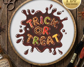 Trick or Treat Cross Stitch Pattern PDF Download, Halloween Quotes Candy Letters, Kitchen Cross Stitch, Chocolate Splash Spooky Season  #H50