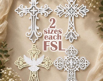Set of 4 FSL Cross Machine Embroidery Design, Free Standing Lace Bible Bookmark Pattern, Christian Religious Ornament (Digital Download)