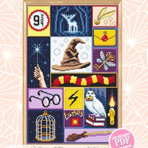Wizard sampler padrão de ponto cruz download pdf gráfico de ponto cruz da escola assistente, padrão mágico pdf digital, chapéu assistente, carta coruja # o13