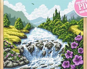 Schema punto croce natura PDF da scaricare Schema punto croce paesaggio cascata montagna, Schema punto croce natura PDF digitale, Regalo per gli amanti della natura #L38