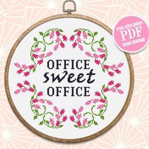 Framed quote cross stitch pattern Office sweet office instant download PDF, Flower wreath cross stitch chart, DIY Home office decor #Q26