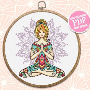 Yoga girl with mandala cross stitch pattern download PDF Yoga cross stitch chart, Chakra meditation cross stitch, Yoga art, Home decor #M187
