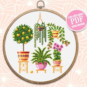 Potted plants cross stitch pattern download PDF Floral cross stitch sampler, Small house plant embroidery PDF, Garden cross stitch chart #P1