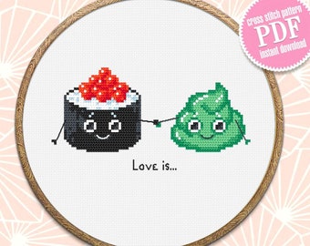 Patrón de punto de cruz de comida kawaii de sushi Descargar PDF Gráfico de punto de cruz de sushi divertido, Punto de cruz simple para principiantes, Regalo amante del sushi #F5