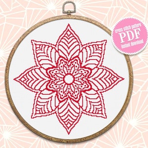 Mandala cross stitch pattern download PDF, Flower mandala pattern PDF, Floral ornament cross stitch chart, Monochrome hand embroidery #M182