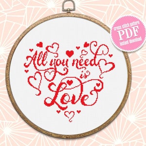 Valentine&#39;s day cross stitch pattern download PDF Love quotes cross stitch, Love lettering embroidery beginners heart shaped, Home decor #V5