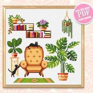 Plant cross stitch pattern download PDF Monstera cross stitch, Potted plants pattern digital PDF, Floral cross stitch, Home sweet home #P25