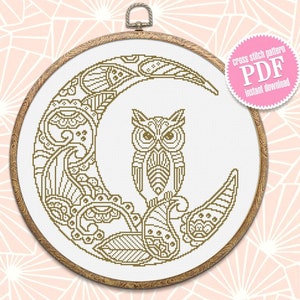 Crescent moon cross stitch pattern download PDF Mandala pattern PDF, Monochrome embroidery beginner, Owl cross stitch chart, Home decor #M95