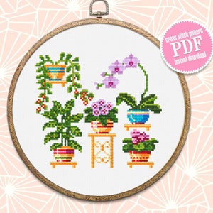 Home plants cross stitch pattern download PDF Floral cross stitch chart, Easy small cross stitch sampler, Potted plants hand embroidery #P3