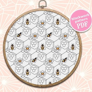 Bee geometric blackwork pattern PDF Honeycomb seamless pattern, Backstitch repeating pattern embroidery, Bee cross stitch download PDF #W2