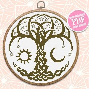 Keltische Baum des Lebens Kreuzstich Stickmuster PDF Monochrome Stickvorlage, Mandala Kreuzstich Stickvorlage, Stickdatei Baum, Sonne und Mond #M189